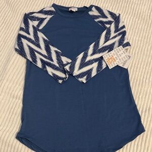 LuLaRoe Blue Top with Chevron 3/4 sleeves Randy top NWT